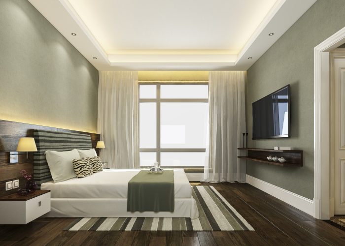 3d rendering beautiful green luxury bedroom suite in hotel with tv